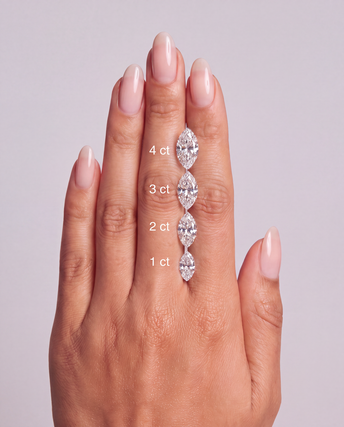 Karatgrößen im Vergleich – Marquise-Schliff von 0,5 bis 4 ct an der Hand | Élysée Diamonds