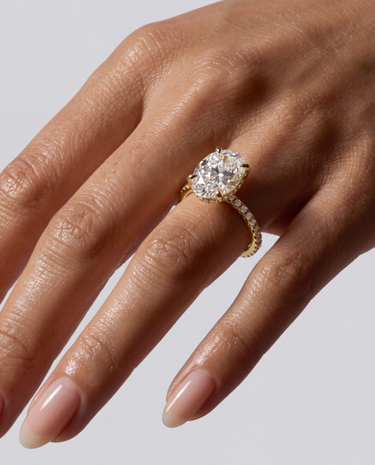 Oval Hidden Halo Pave Gelbgold Tragebild 3
