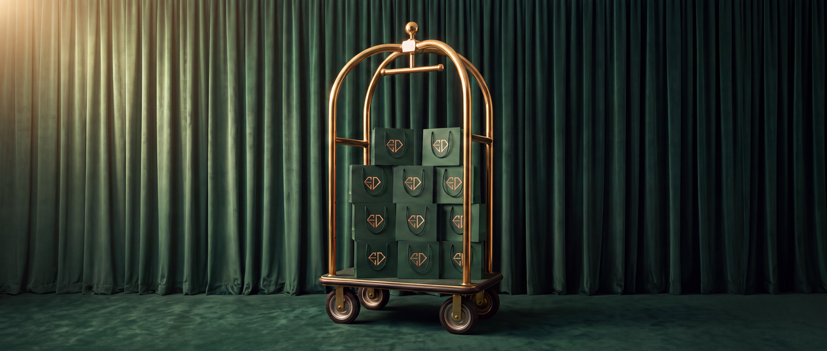 Élysée Diamonds Geschenktaschen auf goldenem Gepäckwagen